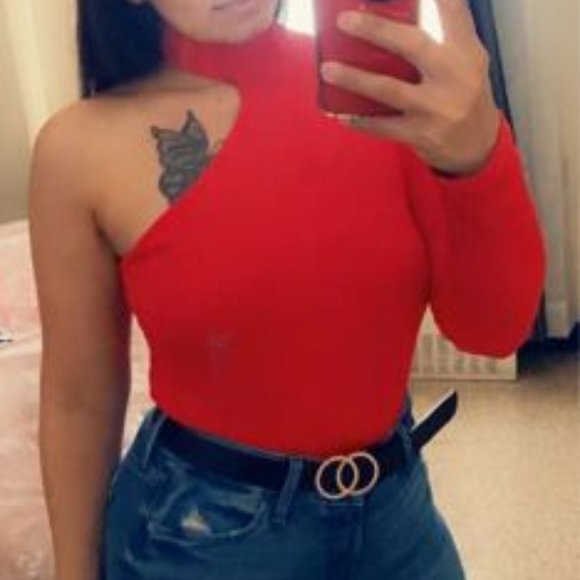 RED One Shoulder Skinny Bodysuit - Picture 9 of 12
